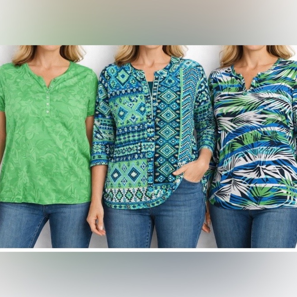 ‘3’ Tops!! Ruby Rd. Vibrant Green and Blue Patterned Top